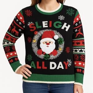 Sleigh All Day Christmas Black Sweater No Boundaries LGE 12-14 Ugly Santa Tinsel